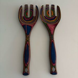PAKKA Rainbow Design Wood Salad Servers! Never used!